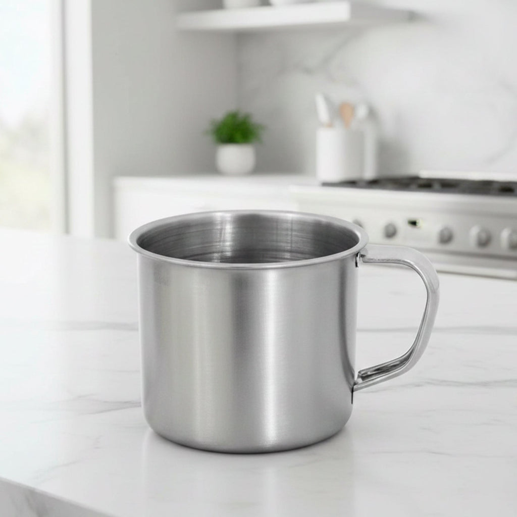 Steel drinking mug designed for home, camping, and travel utility
