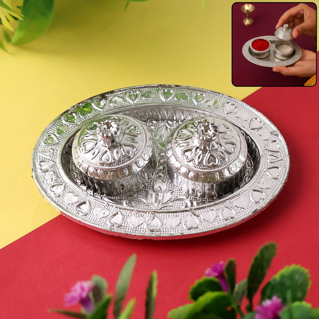 Oval shape puja thali with kumkum holders for traditional rituals