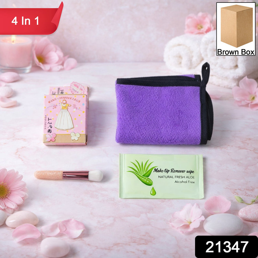 Indian woman using the gentle makeup remover wipe and soft cleansing cloth from the beauty care set.