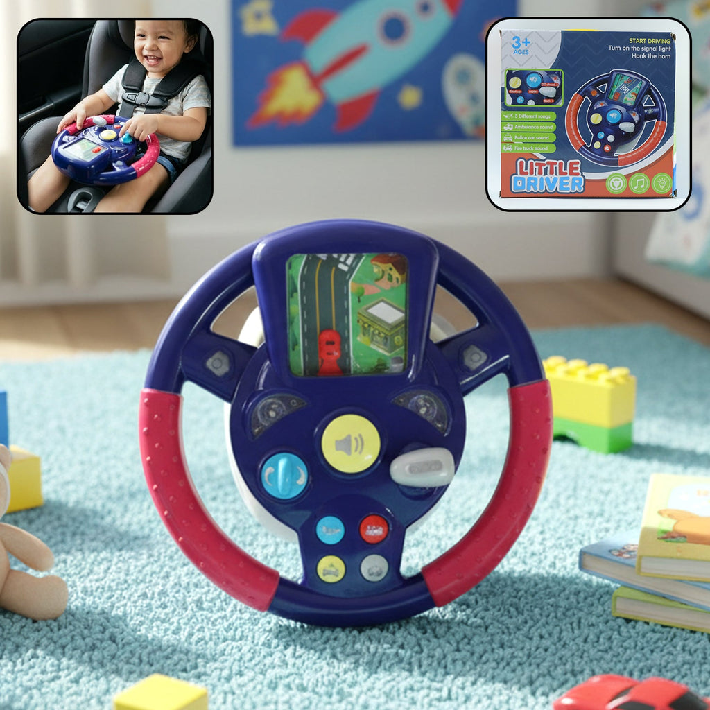 Front view of baby musical steering wheel toy with lights and sounds