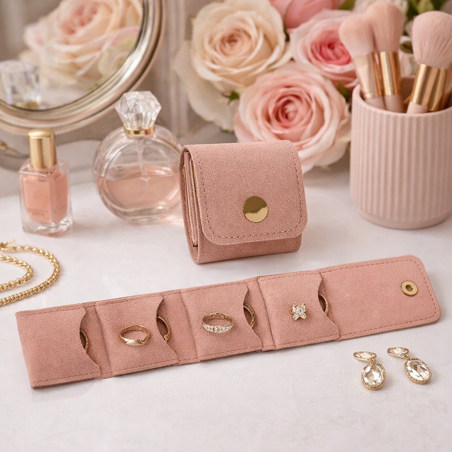 Compact foldable jewellery storage pouch with multiple ring compartments