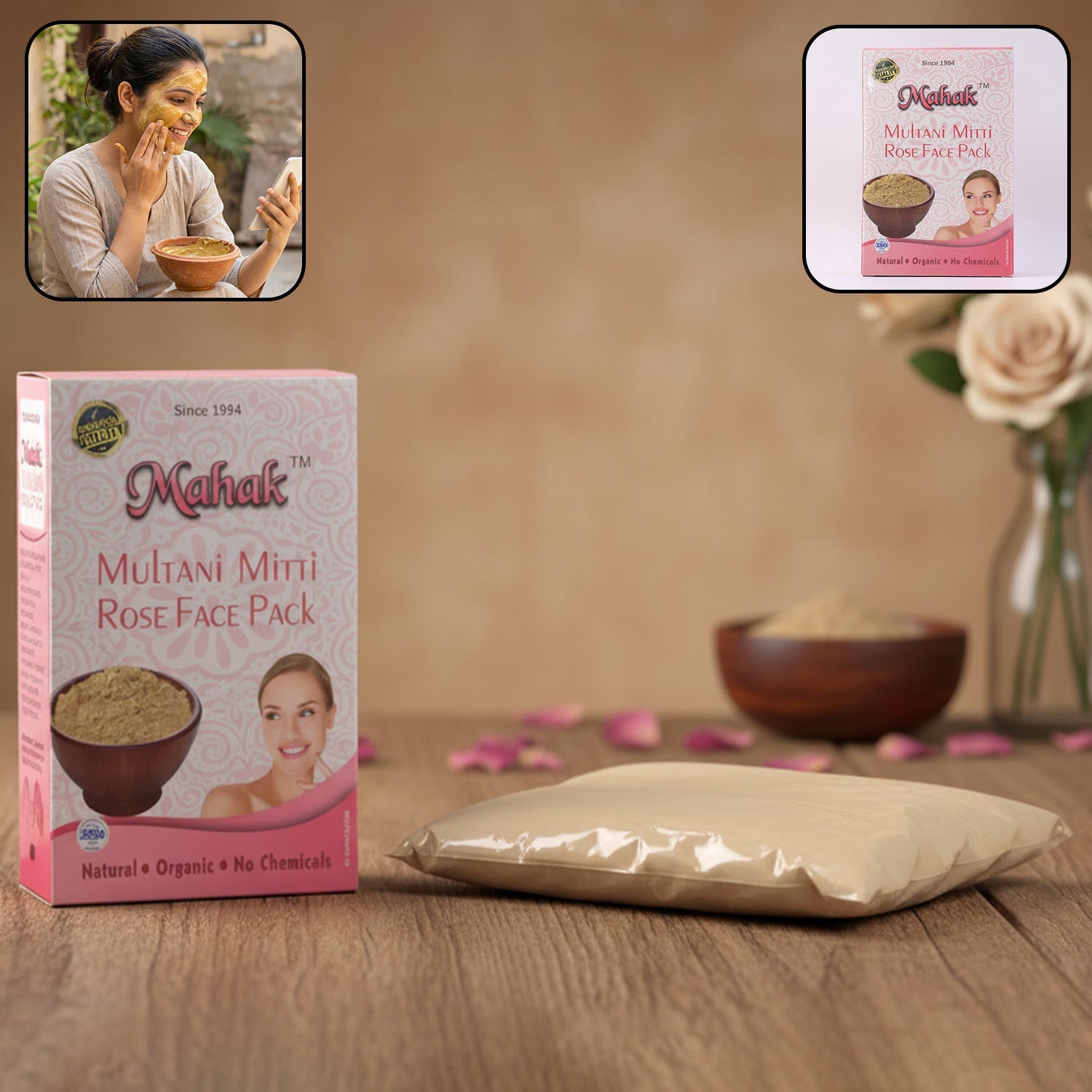 Multani Mitti and Rose face pack powder for skincare use
