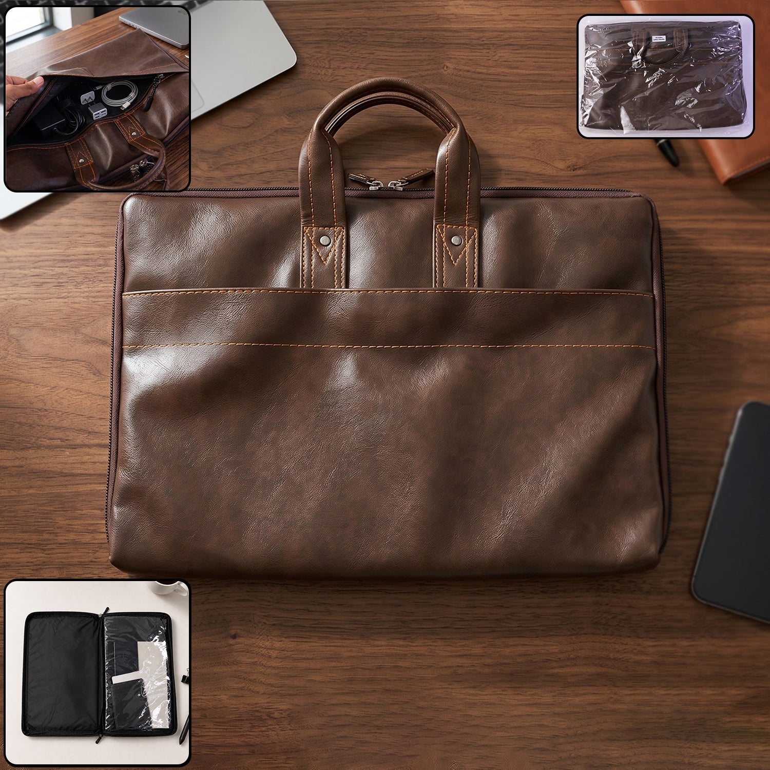 Leather laptop zipper bag office briefcase