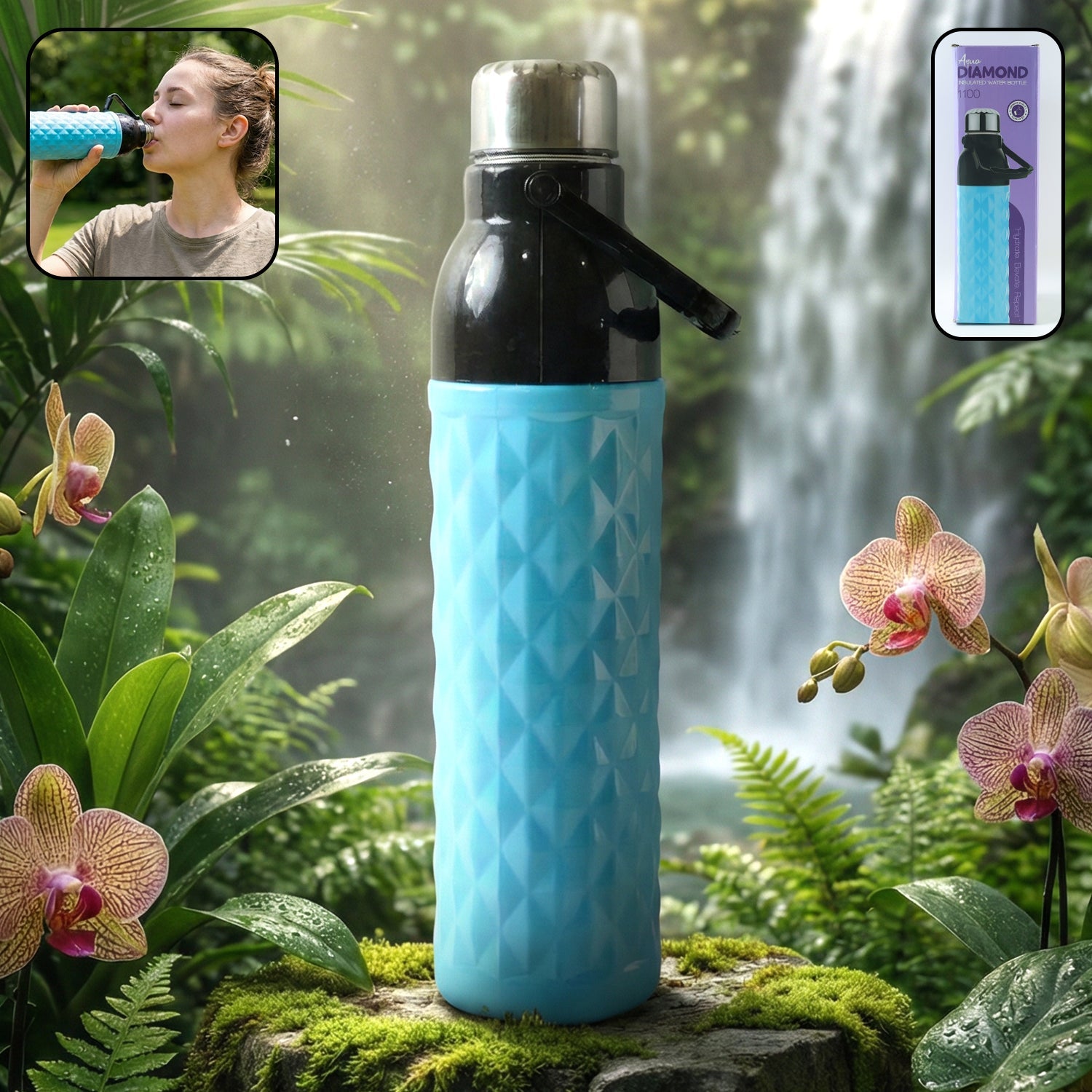 1100 ML diamond texture sports water bottle with secure cap and carry strap