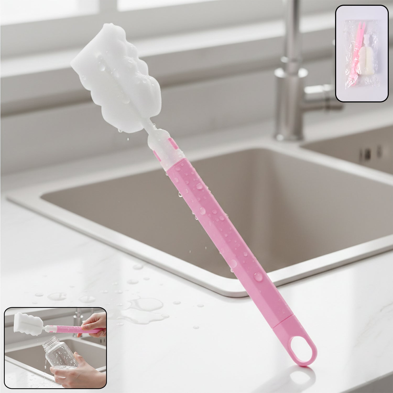 Long handle silicone bottle cleaning brush for deep cleaning water bottles.
