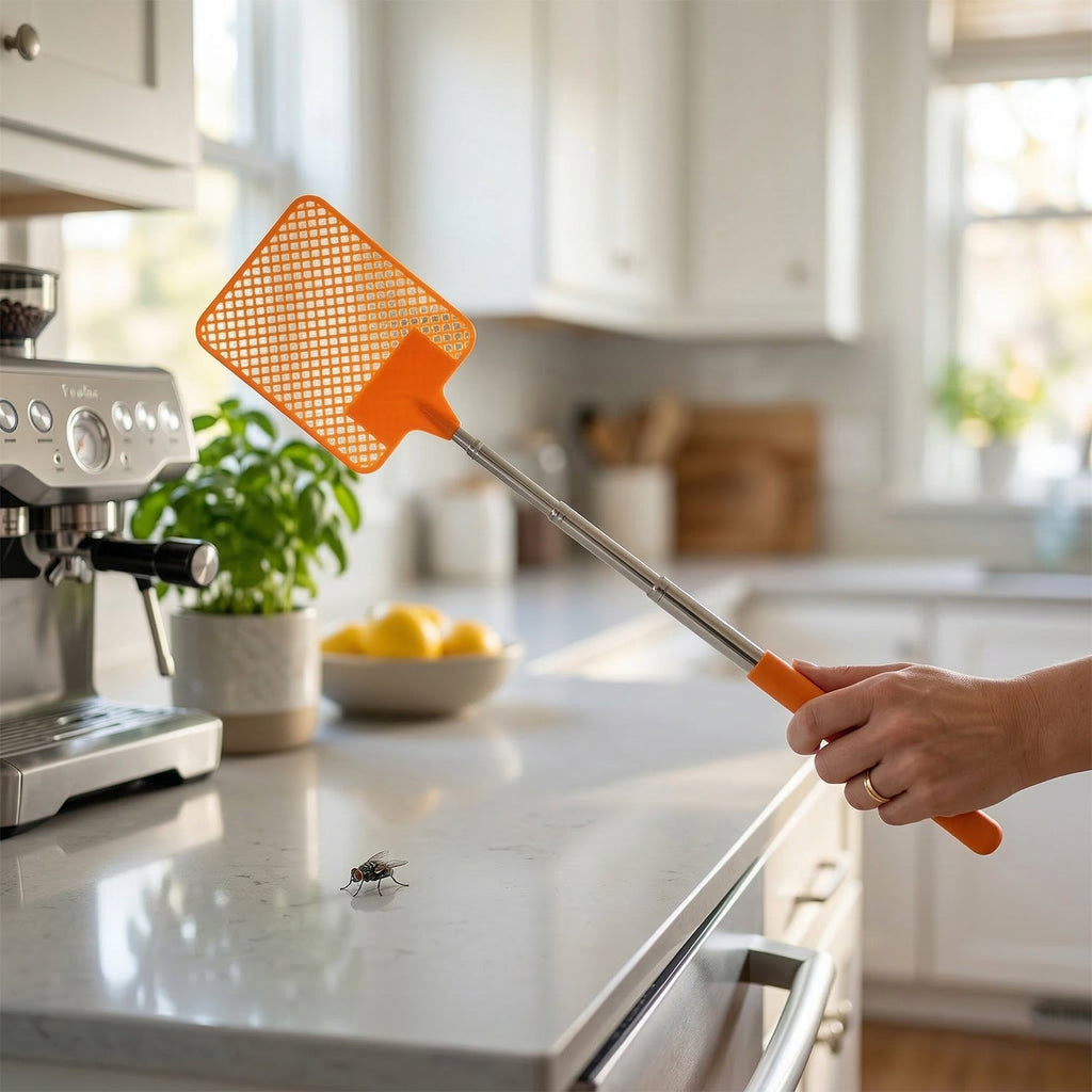 Plastic fly swatter with extendable handle for insect control