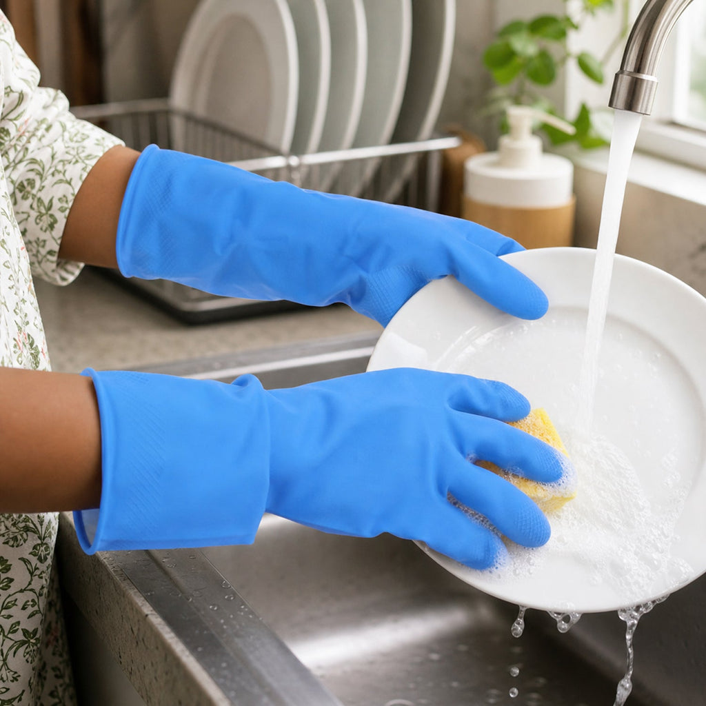 Medium blue reusable rubber cleaning gloves for household cleaning
