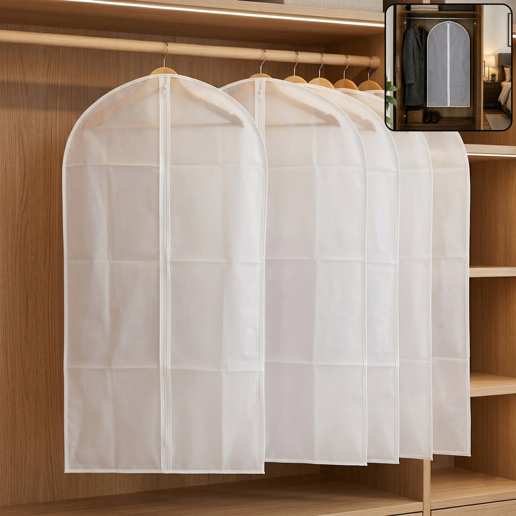 Main view of breathable non-woven foldable suit cover set with full-length zipper.