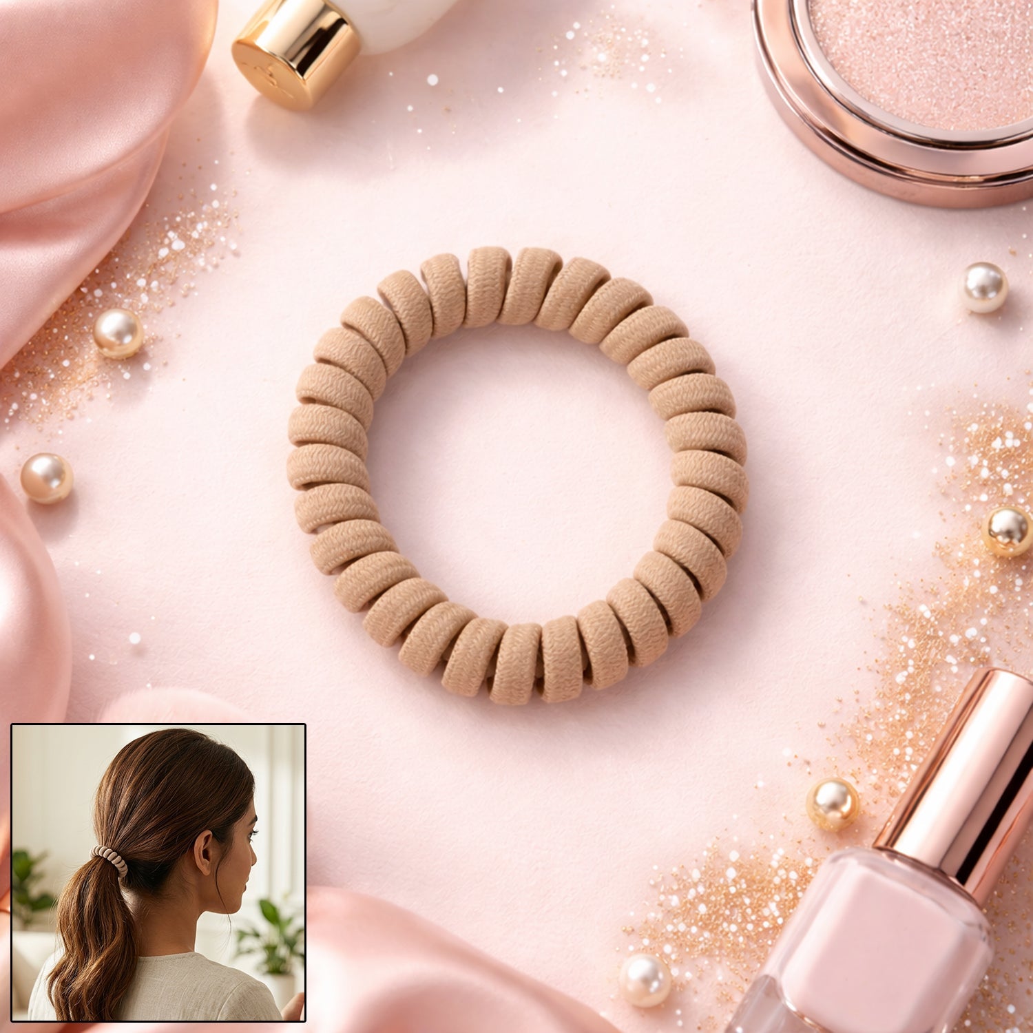 Spiral coil hair band in black and silver, designed for a gentle hold.