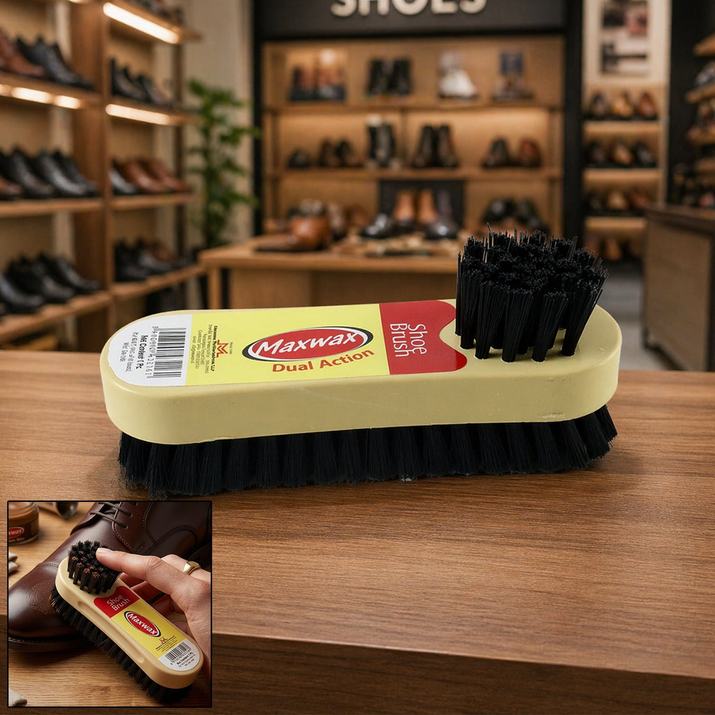 Dual action shoe cleaning brush with soft and hard bristles for comprehensive footwear care.