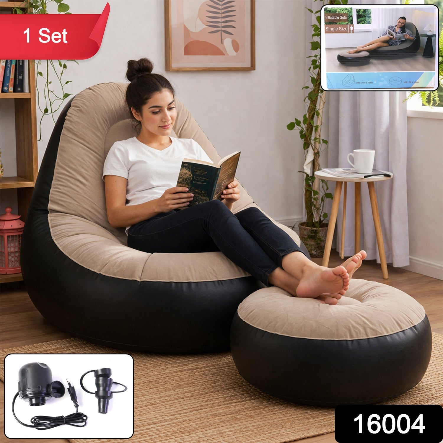 Side view of inflatable air sofa chair with footrest