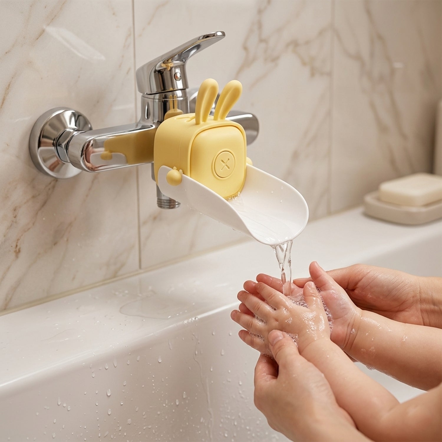 Cute faucet extension for children, ideal for bathroom and kitchen use.