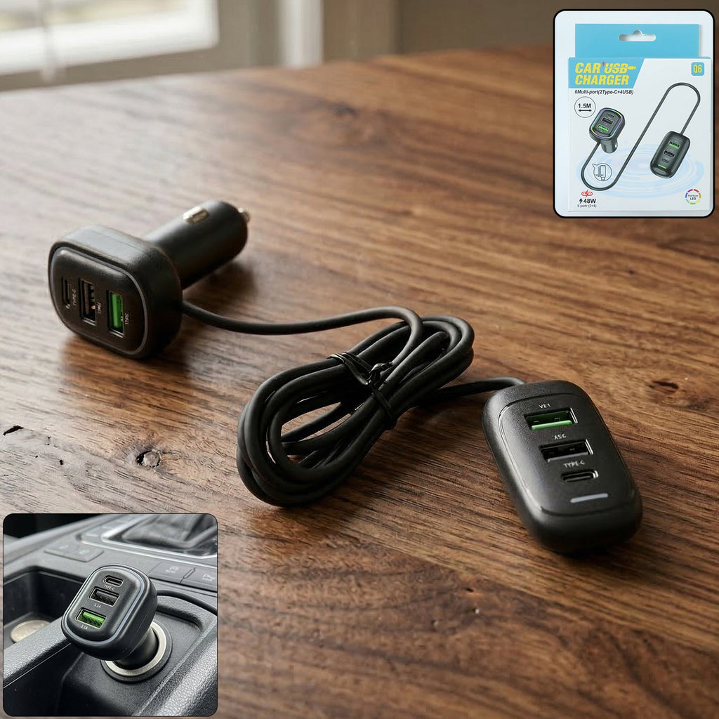 RGB breathing light multi port car USB charger with 1.5m cable