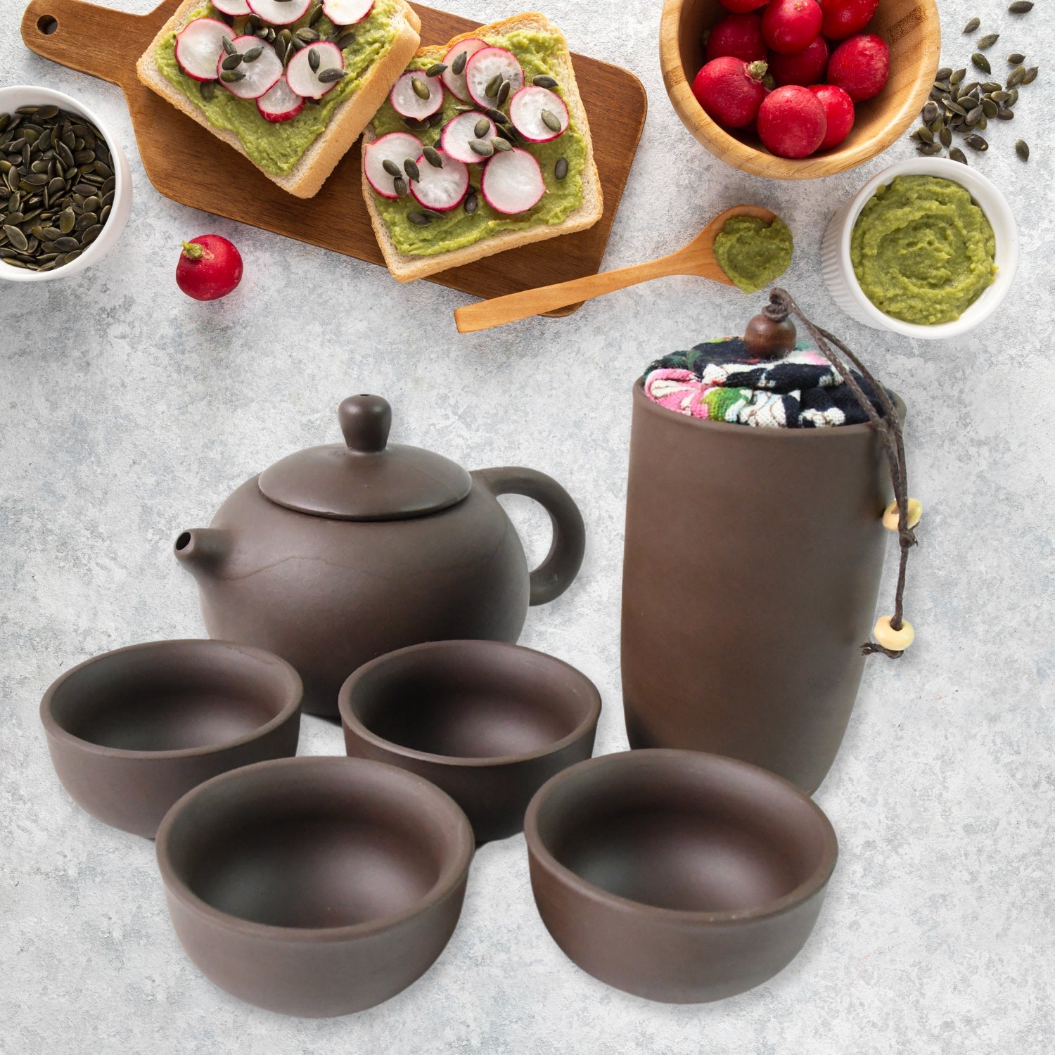 Compact Kung Fu tea set arranged for a traditional tea ceremony