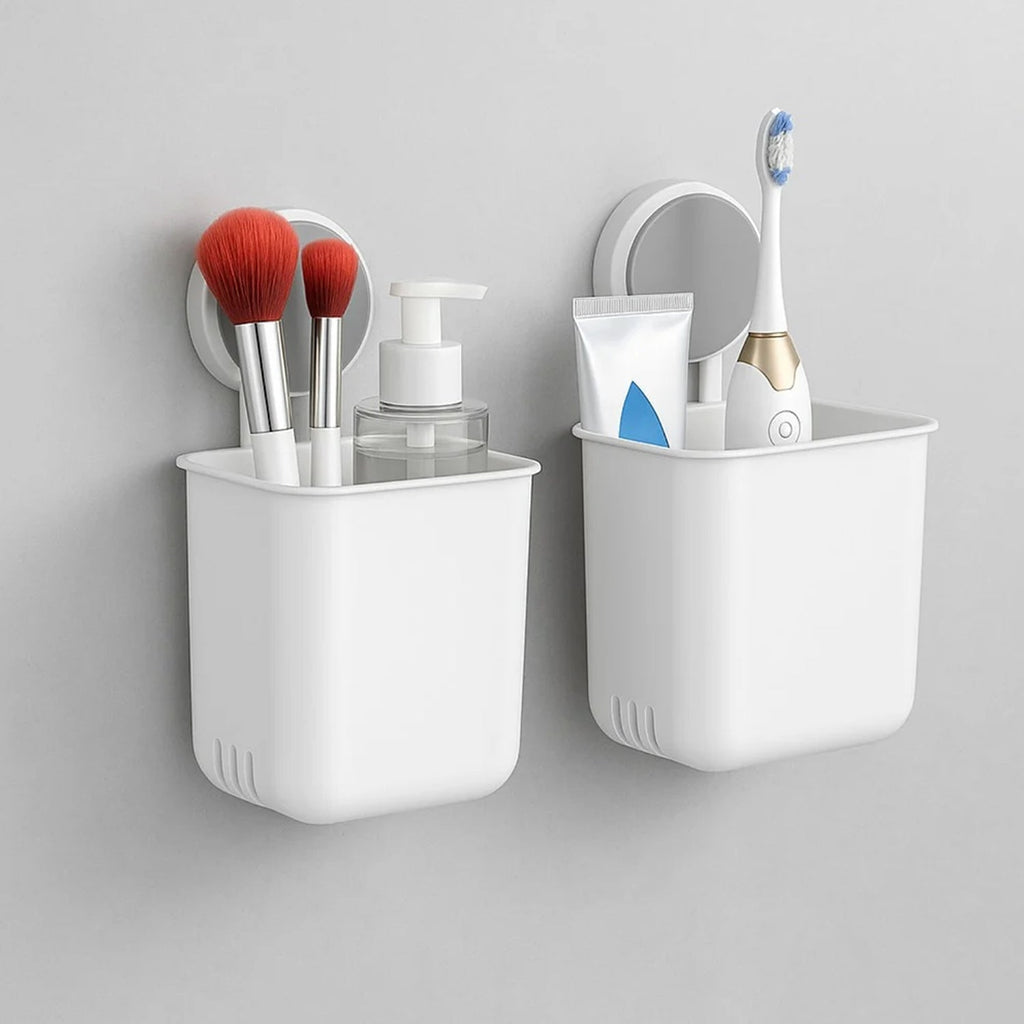 Wall mounted bathroom organizer cups set displayed in a modern bathroom