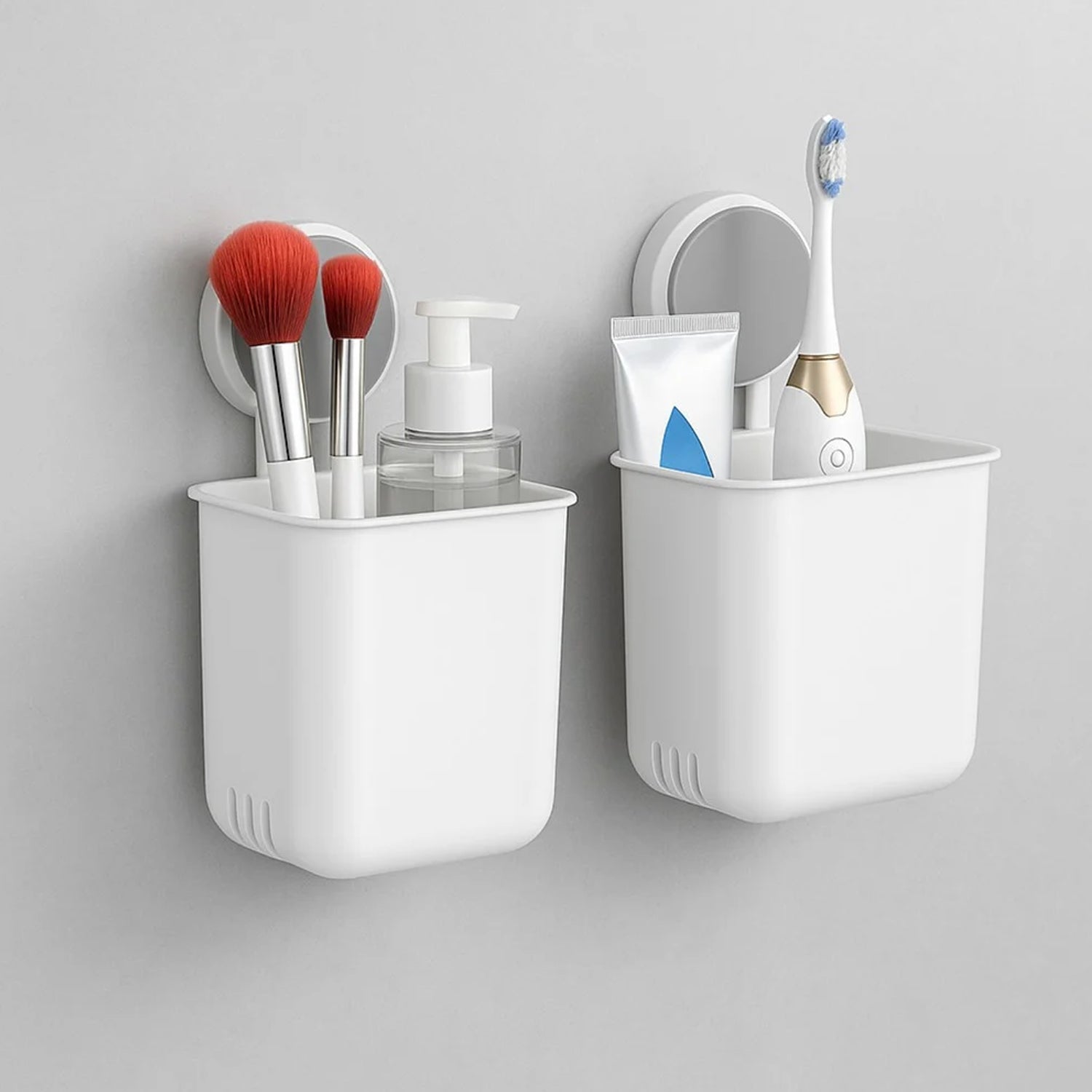 Wall mounted bathroom organizer cups set displayed in a modern bathroom