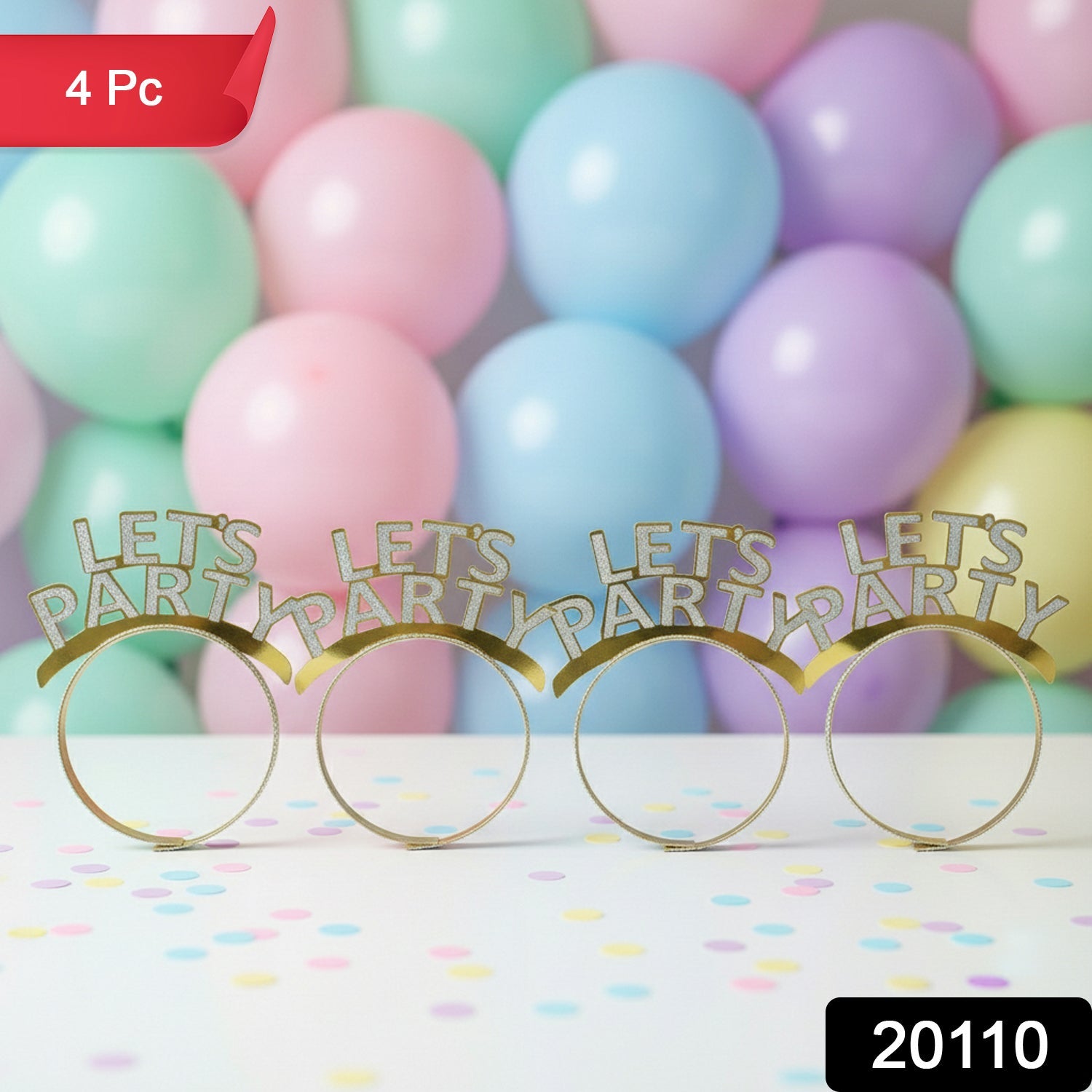 Set of four sparkling glitter LET'S PARTY crown party headbands for festive events
