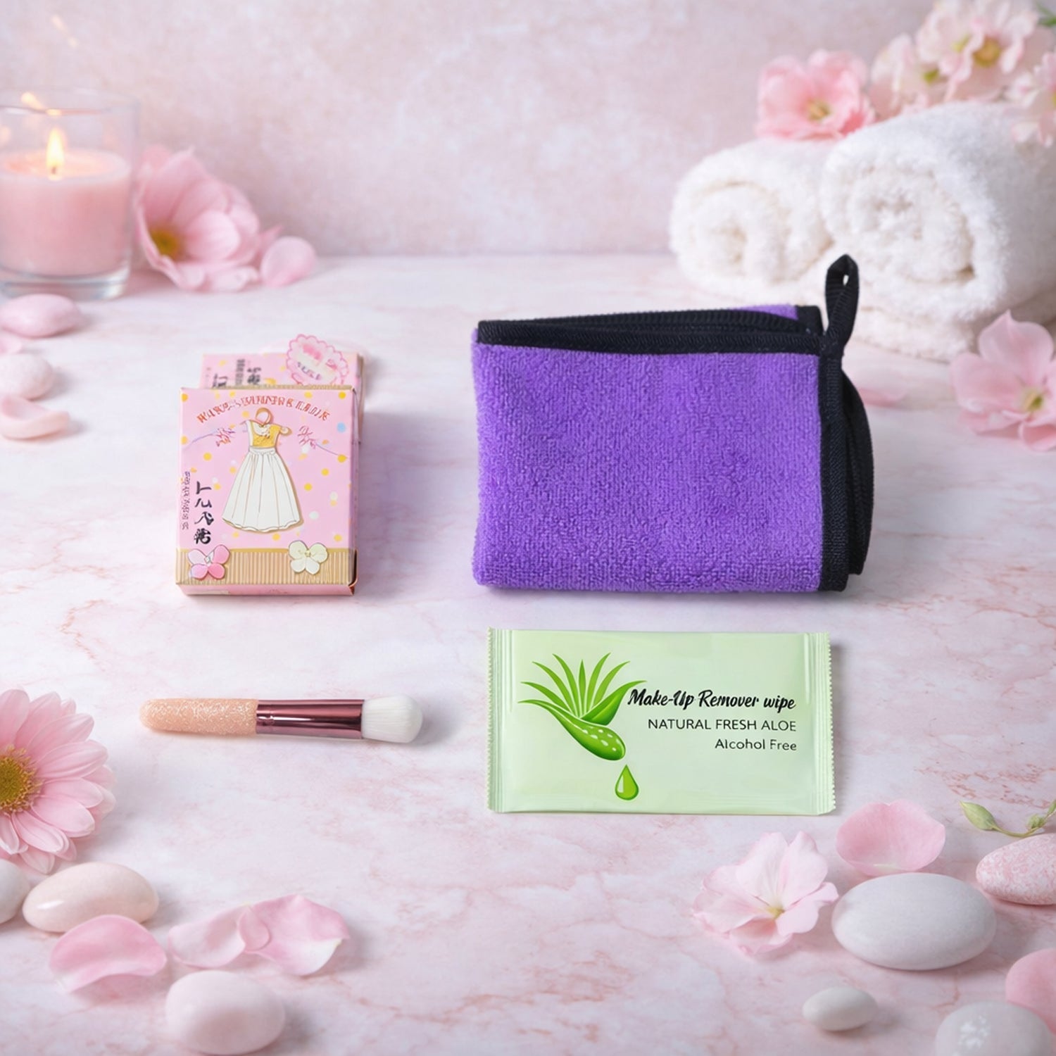 Complete 4 in 1 Beauty Care Gift Set with makeup remover, cleansing cloth, brush, and pouch.