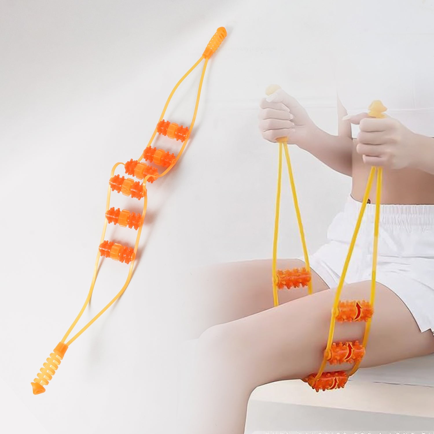 Person using the back massage roller rope on their shoulder for relief