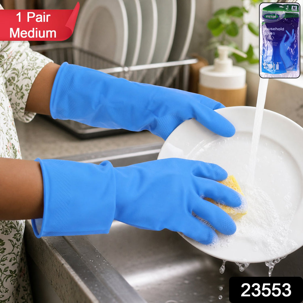 Close-up of blue rubber gloves for dishwashing and cleaning
