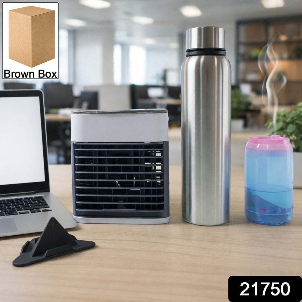 Compact office essentials combo set featuring mini air cooler and water bottles