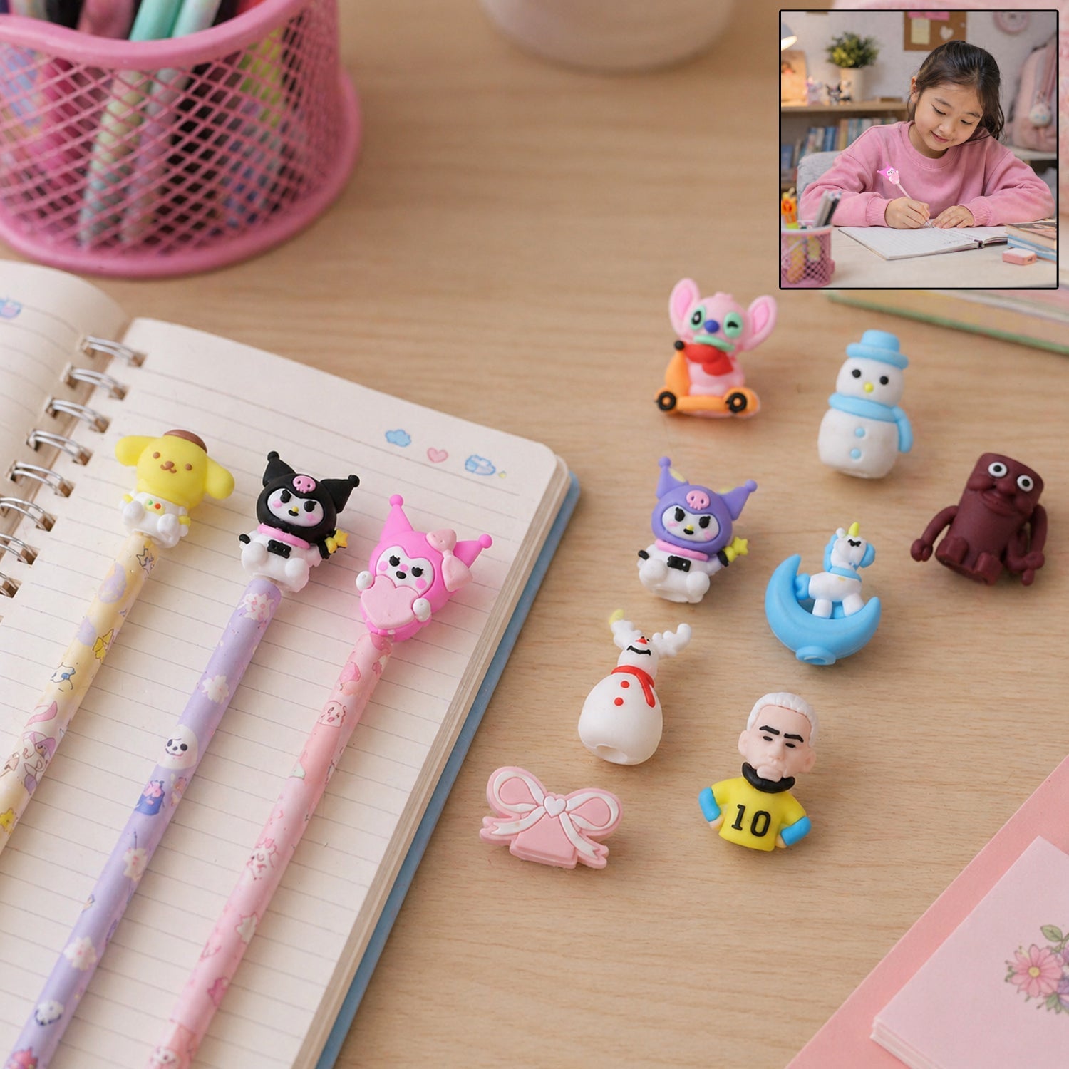 Colourful cartoon pencil topper for kids' pencils.