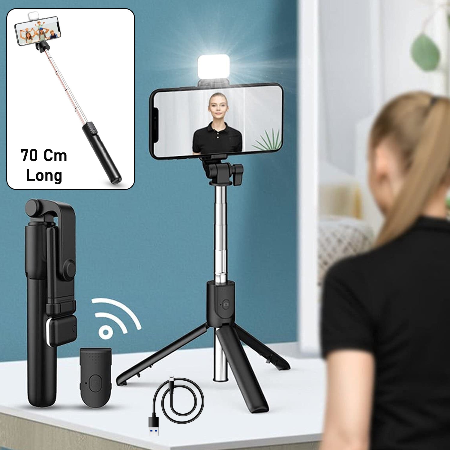 Wired selfie stick extended to 70cm for wide angle shots and videos.