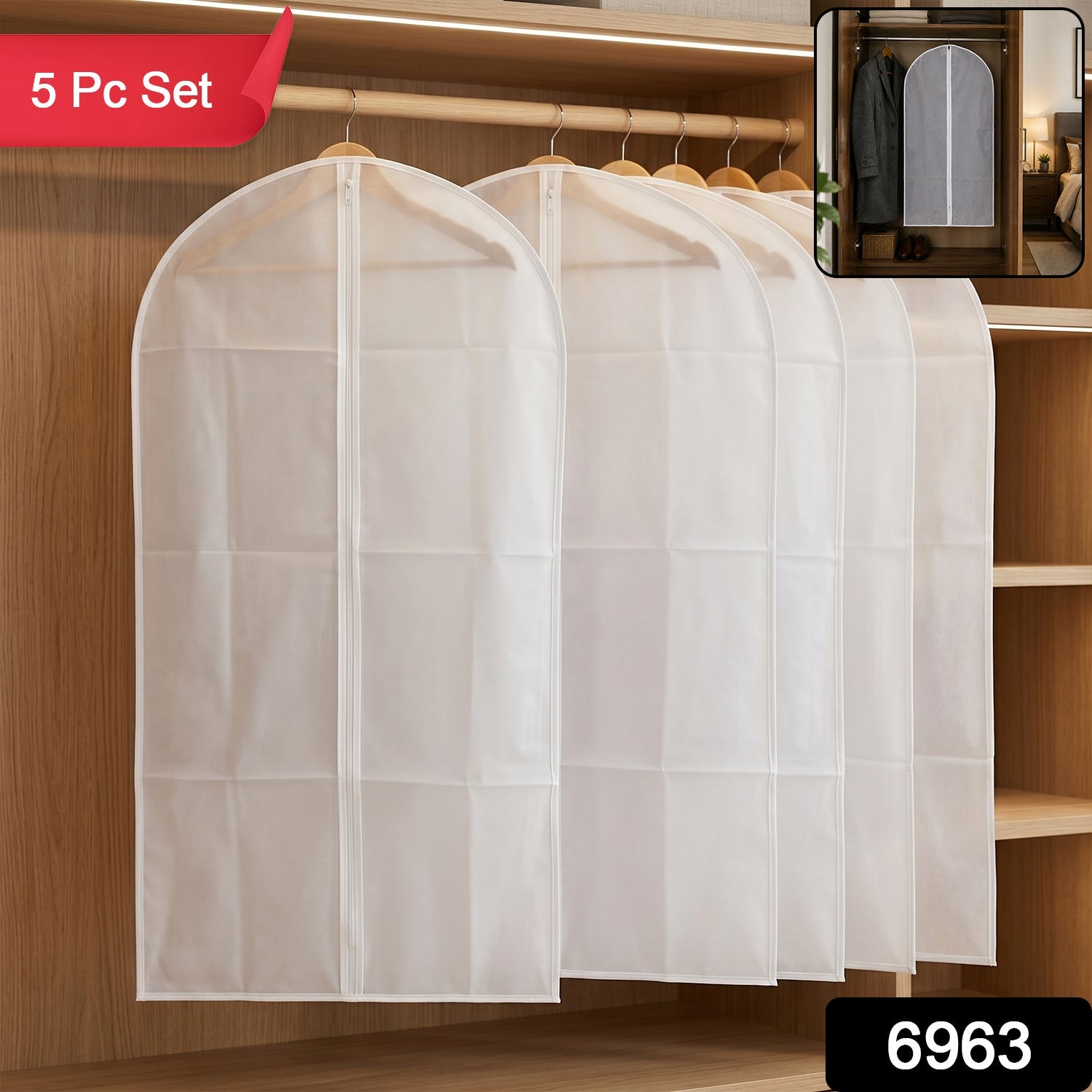 Pack of five foldable suit covers offering comprehensive clothes protection.