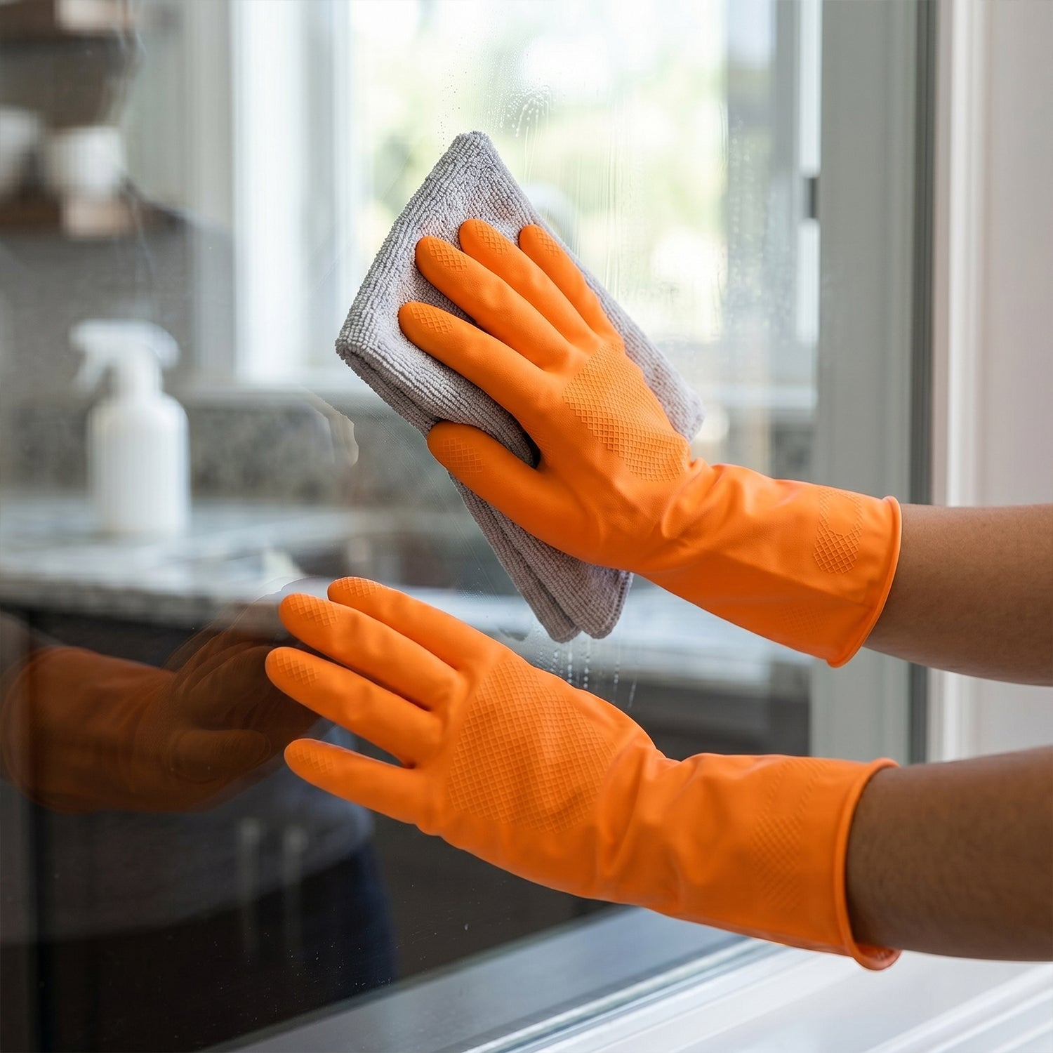 Close-up of waterproof cleaning gloves showing durability
