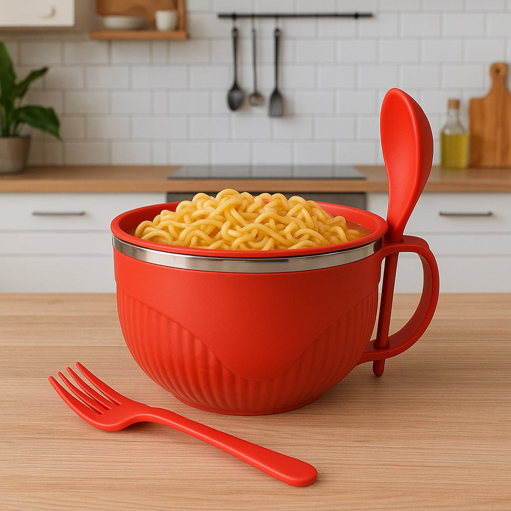 Colorful insulated soup bowl with a tight fitting lid and comfortable handle.