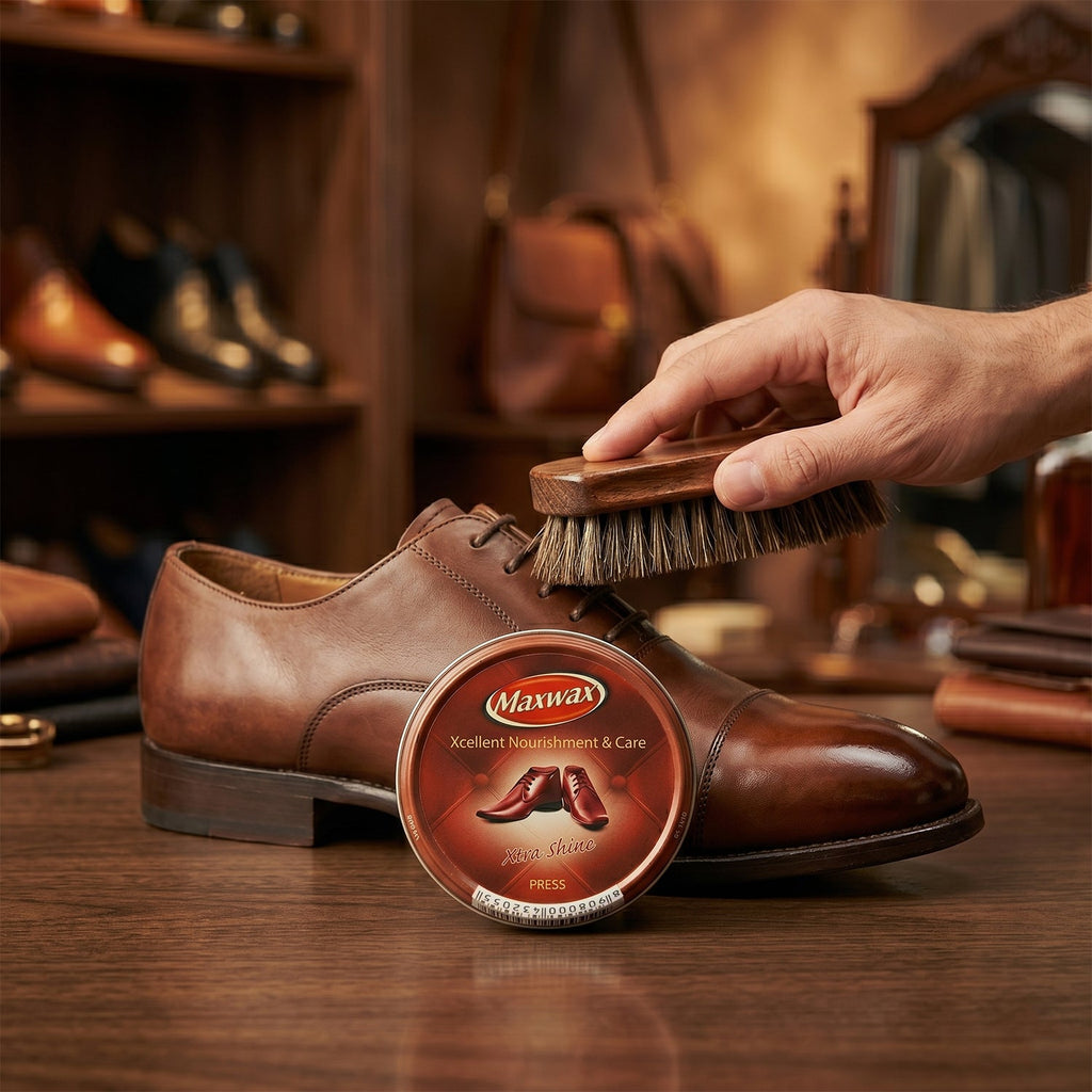 Rich brown shoe polish cream designed to enhance the appearance of leather footwear.