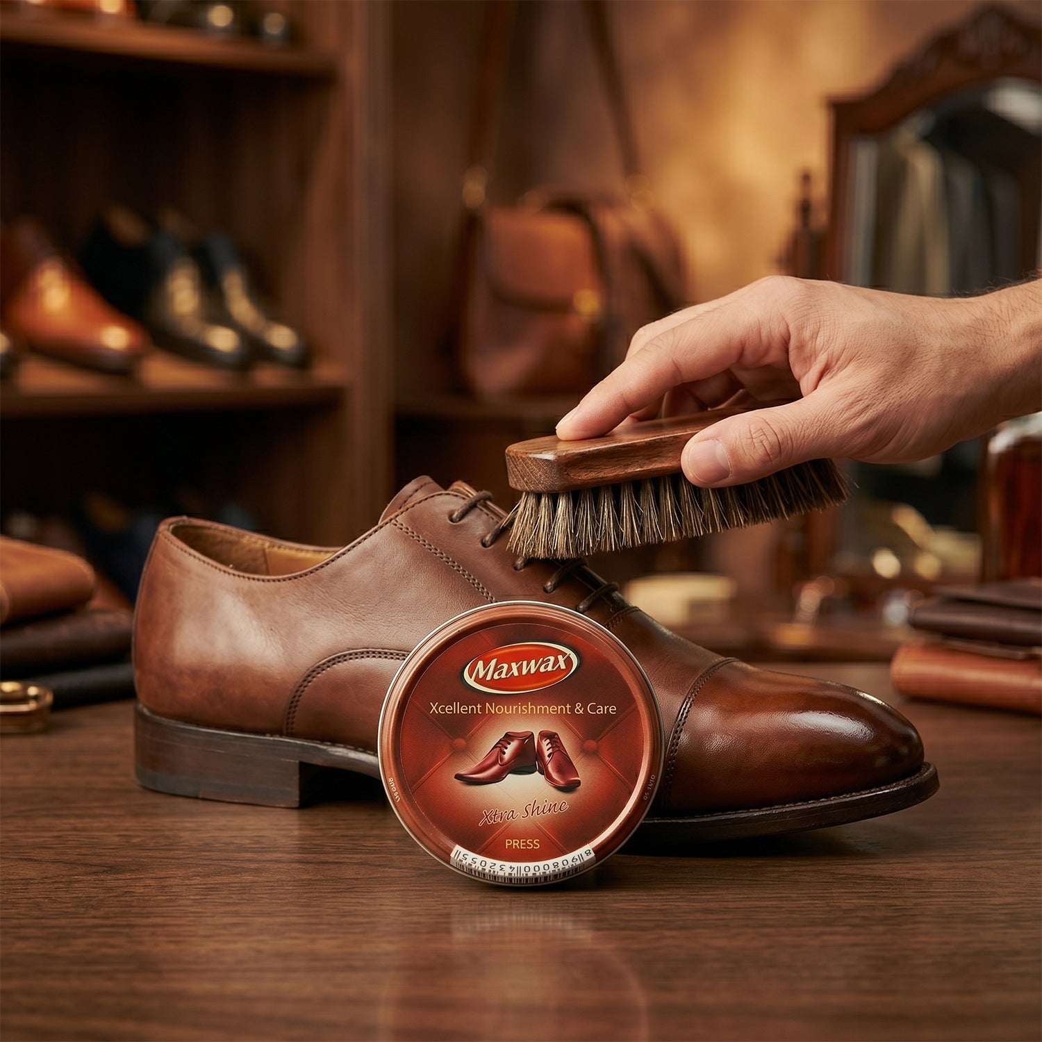 Rich brown shoe polish cream designed to enhance the appearance of leather footwear.