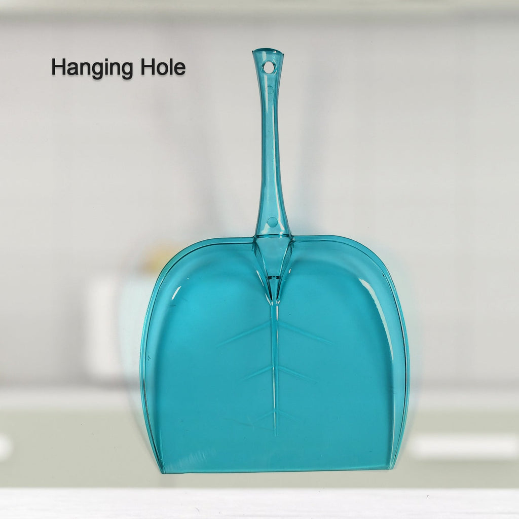 Easy-to-clean plastic dustpan with space-saving hanging feature