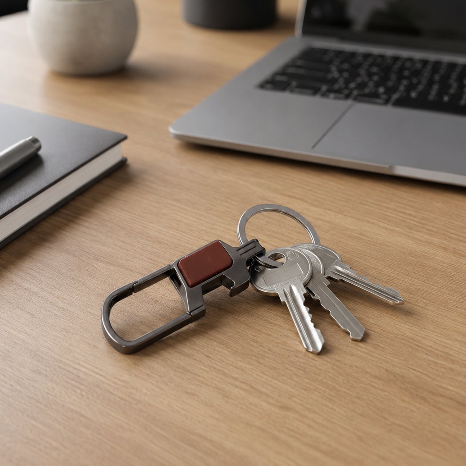 Metal key holder clipped onto bag for easy access
