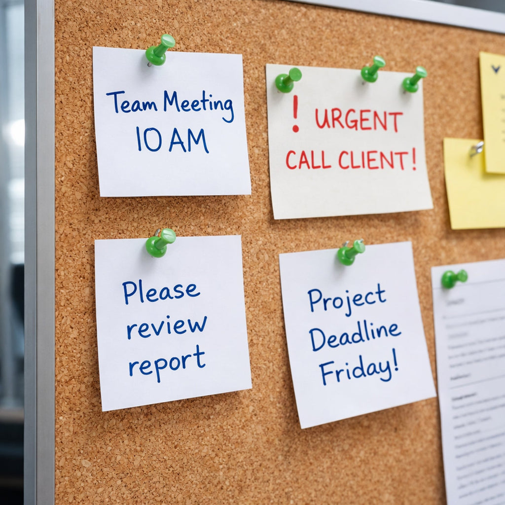 Green thumb tack pinning a paper on a bulletin board