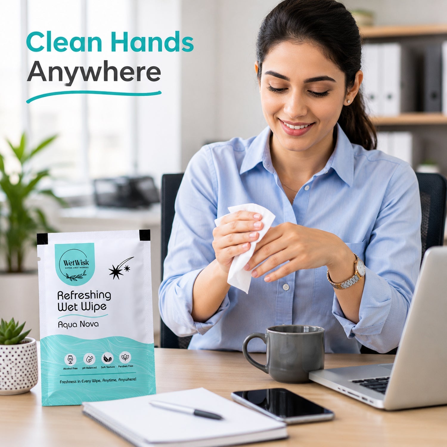 Refreshing Aqua Nova wet wipe on hand