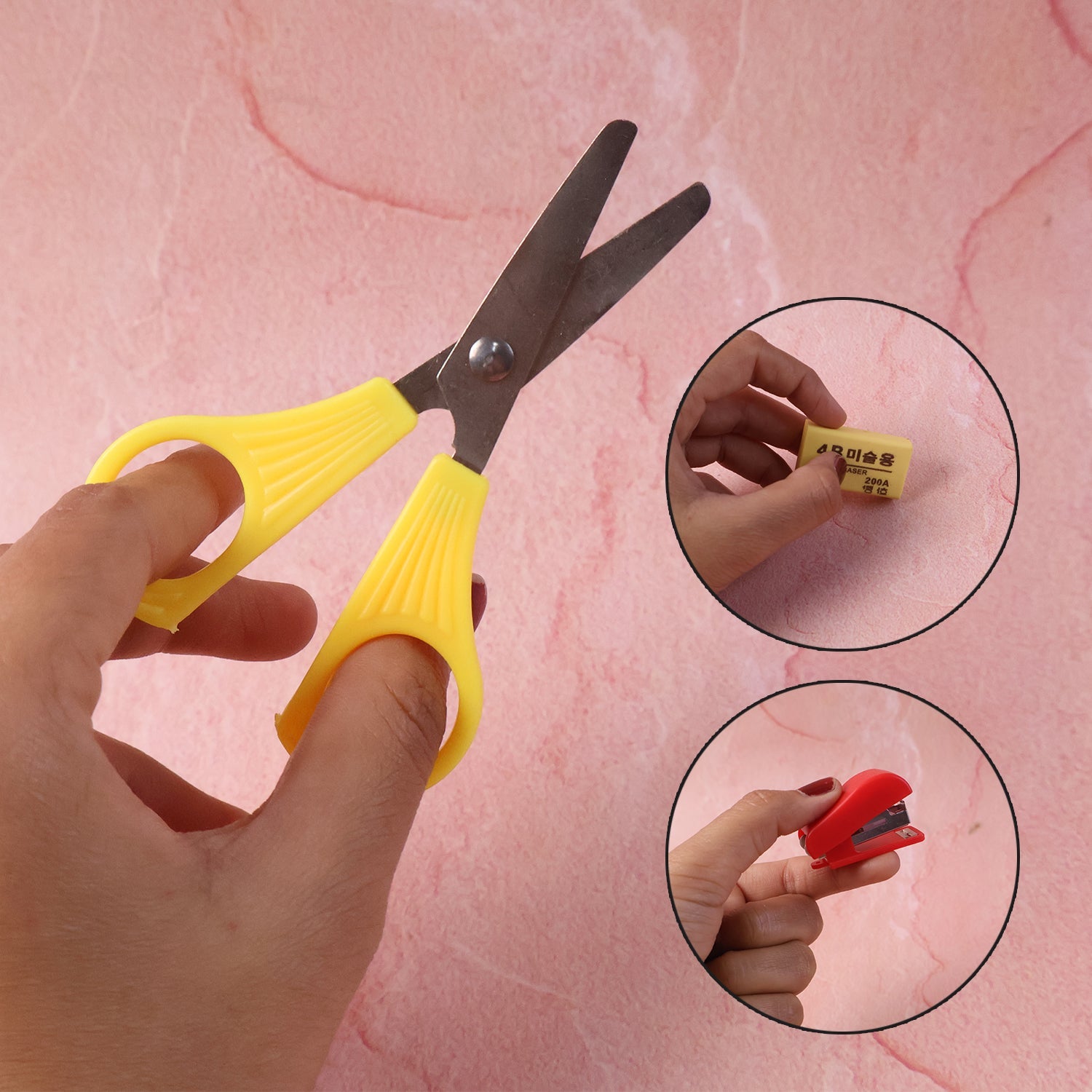 Mini stapler and staple pins included in multifunctional stationery set