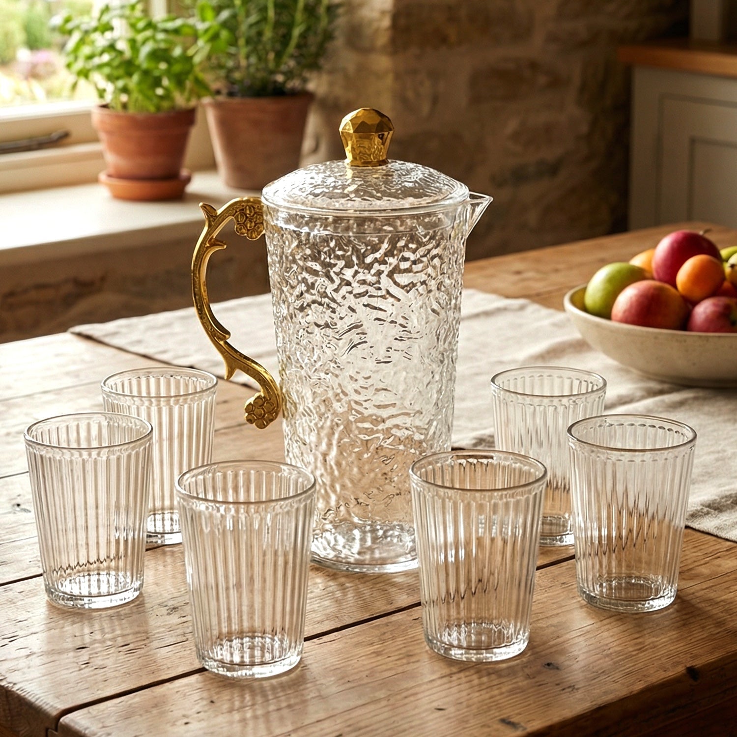 Coordinated glass set featuring a textured water jug and six glasses for serving