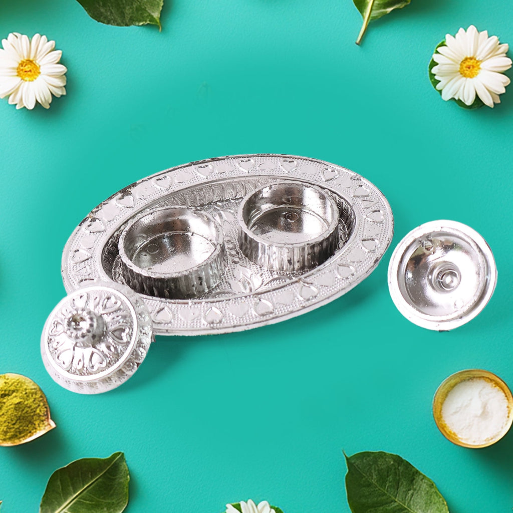 Puja thali haldi kumkum dish with traditional design