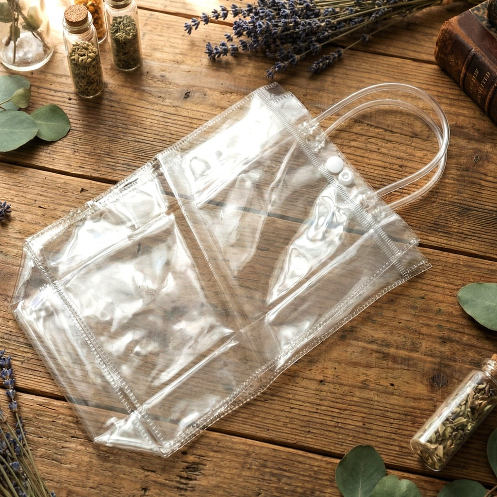Compact clear stationery pouch inside transparent PVC carry bag