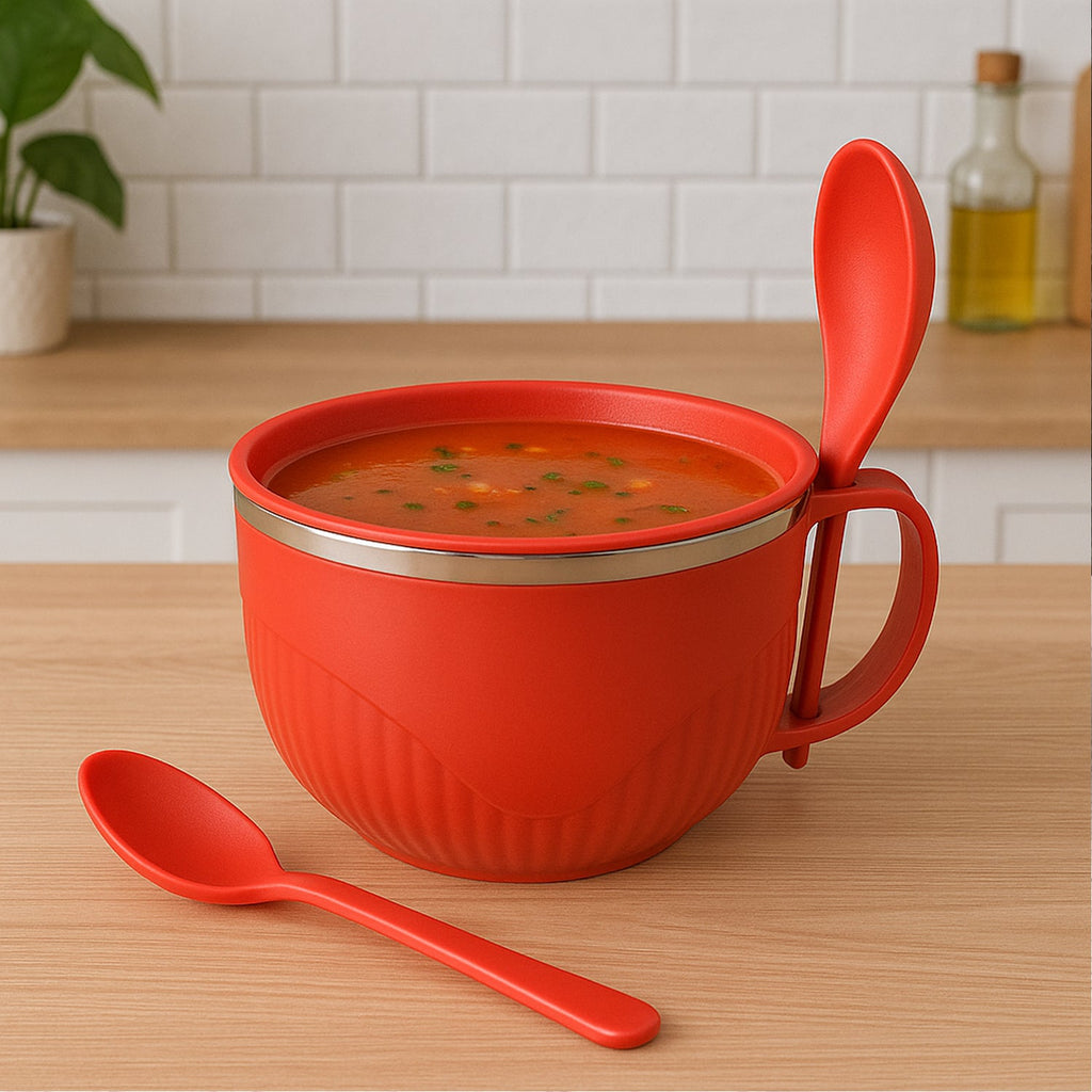 Multi-color insulated serving bowl with reusable lid and cutlery for hot or cold foods.