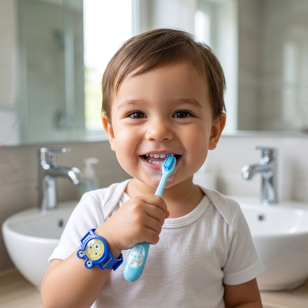 Children’s toothbrush with wearable cartoon watch toy for daily use