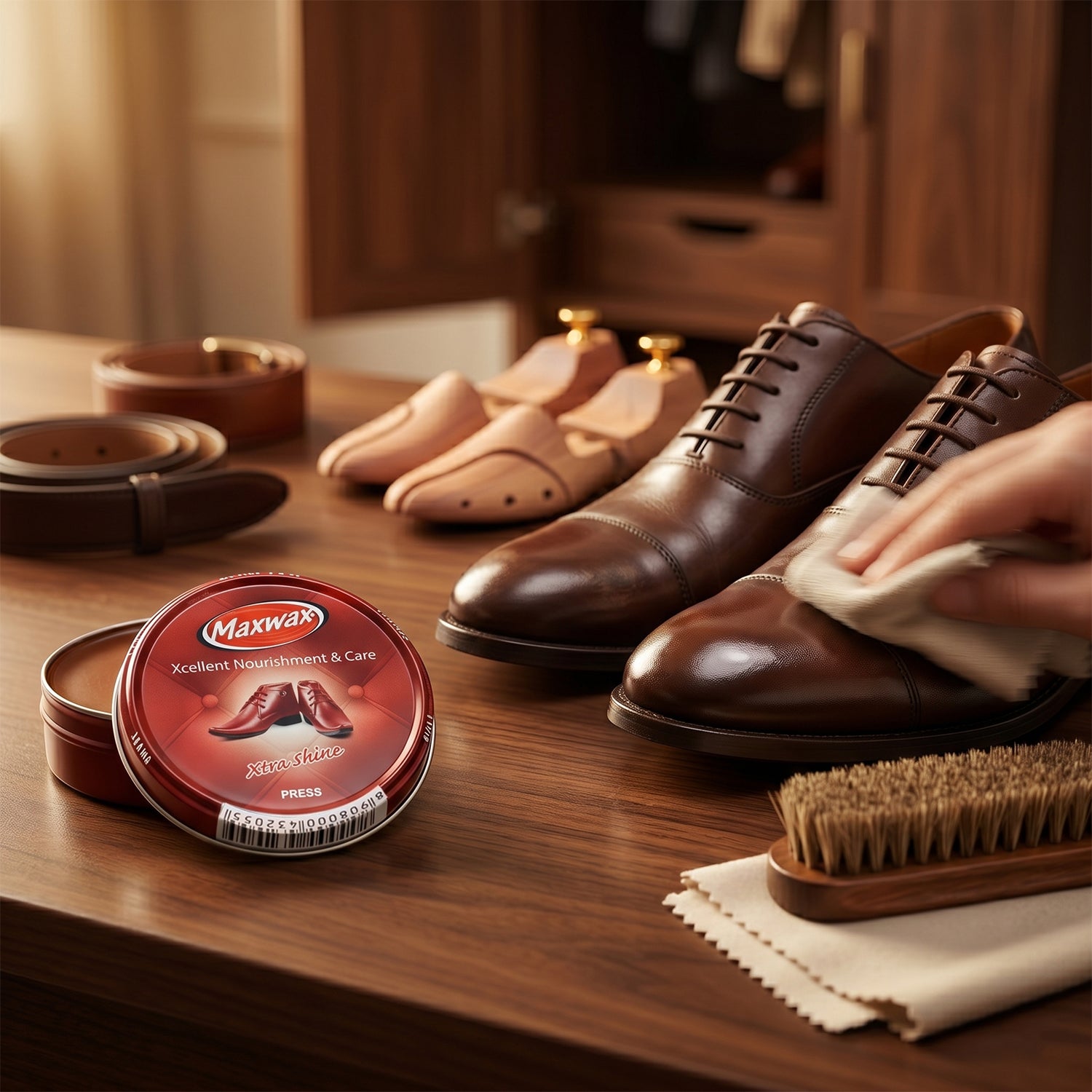 Leather care brown polish cream ensuring optimal footwear maintenance and shine.