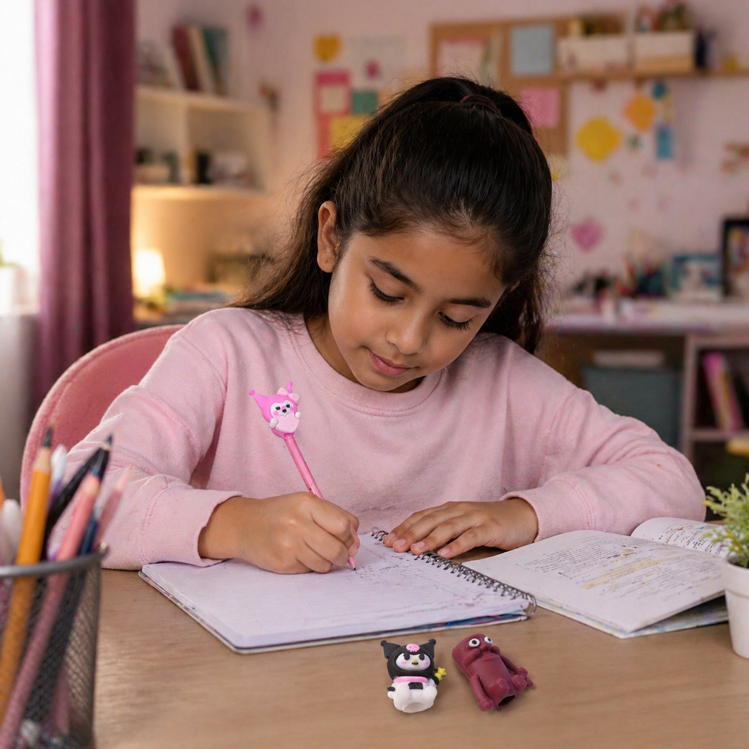 Decorative cartoon pencil topper adding charm to school stationery.