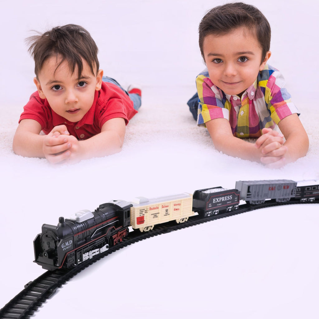 Toy train running smoothly on assembled plastic track