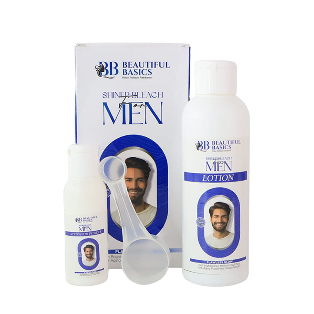 Complete men's bleach kit with lotion, powder, and measuring spoon for even skin tone.