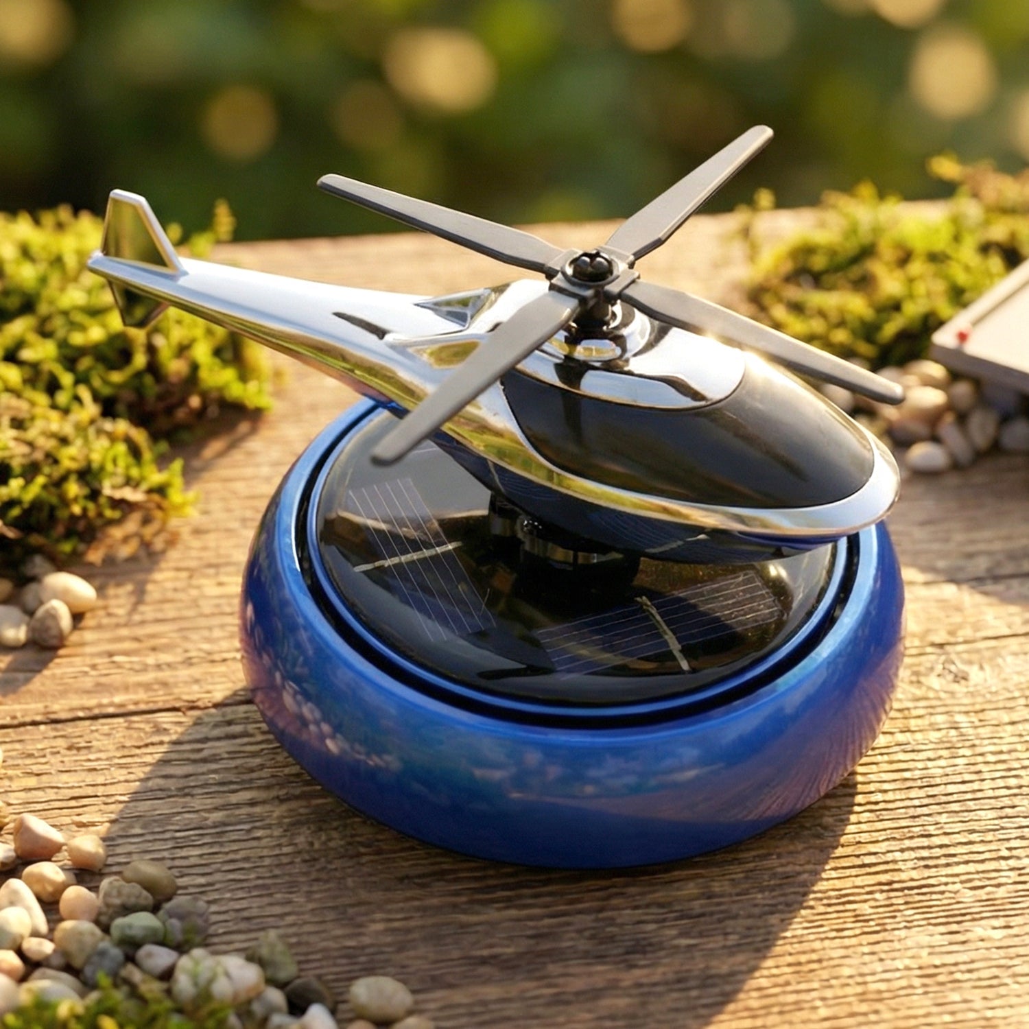 Solar powered rotating helicopter air freshener for car interior