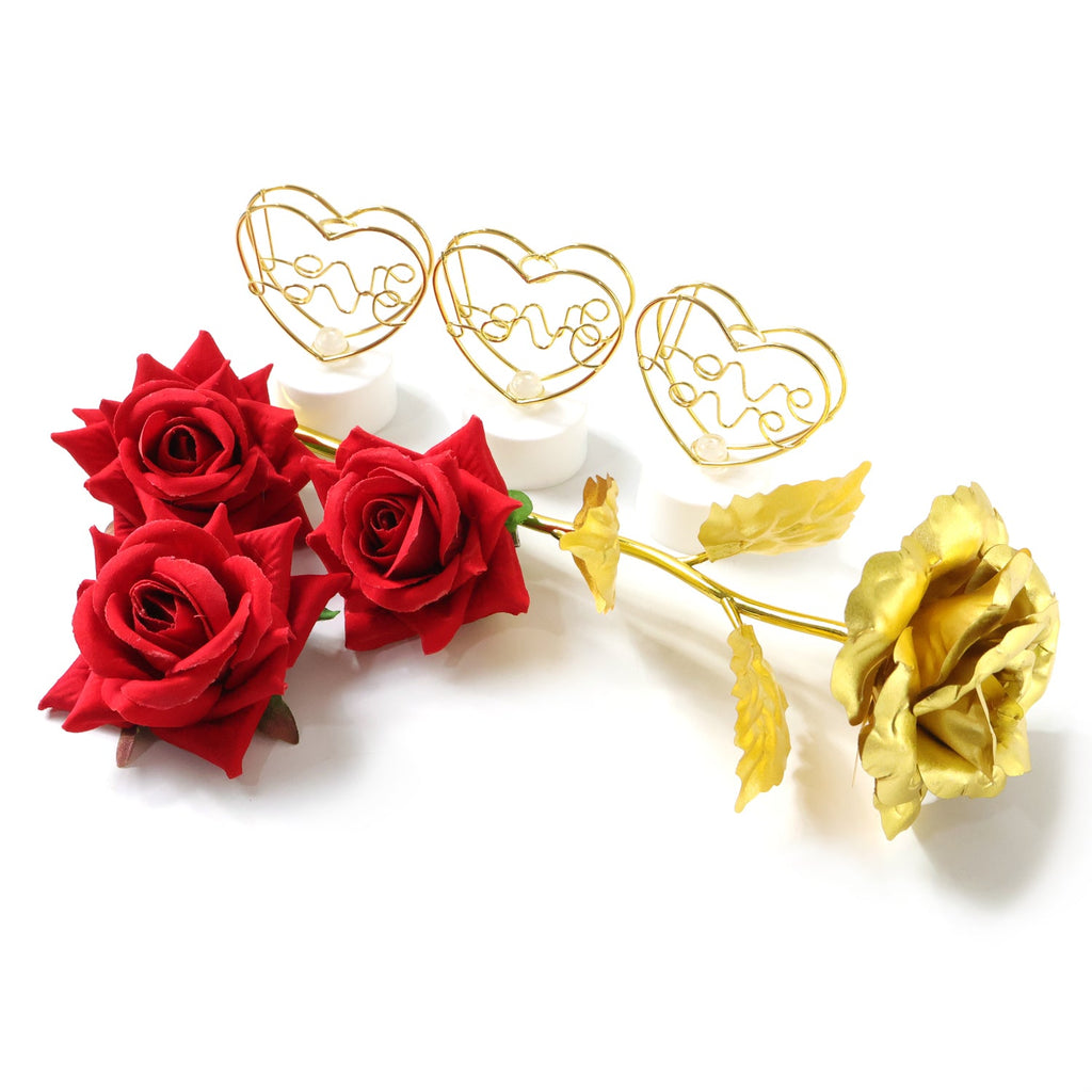 Elegant love showpiece with golden rose and red bouquet