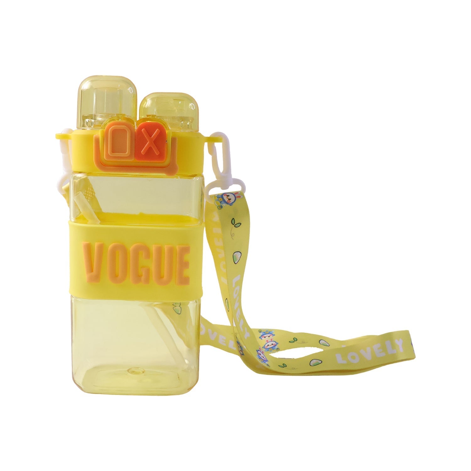 Girls dual compartment water bottle on a school desk, ready for daily hydration.