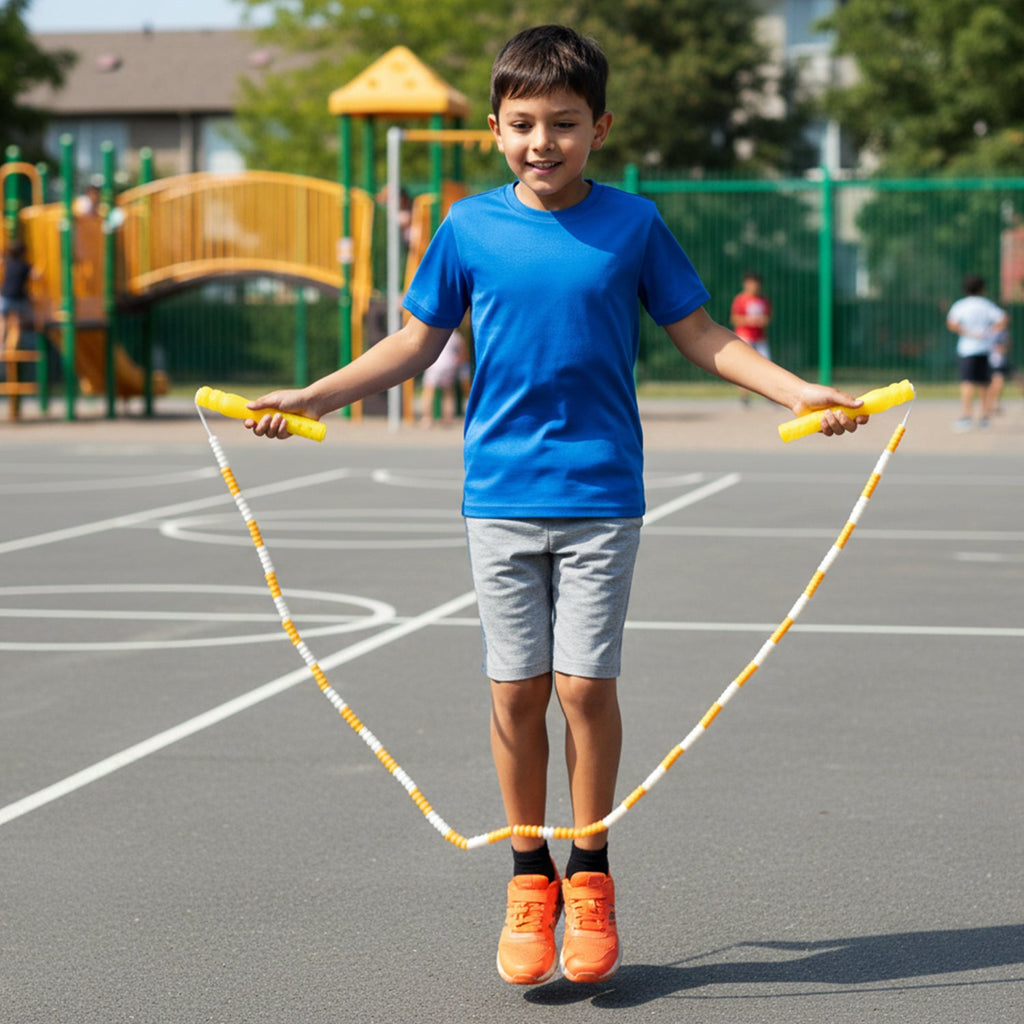 Close-up of yellow and white beaded skipping rope for boys and girls